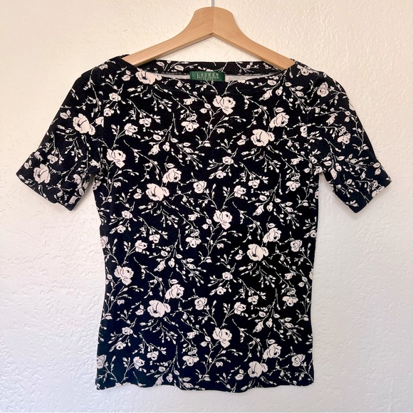 Lauren Ralph Lauren Tops - Lauren Ralph Lauren Black White Floral Print Crop Boatneck Tee, Size PXS